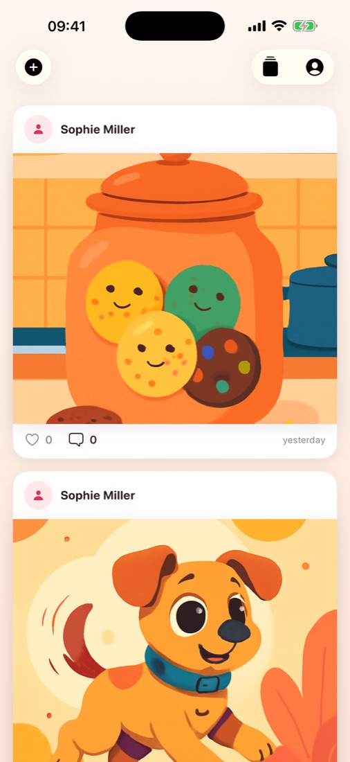 The WishReel feed with illustrated posts