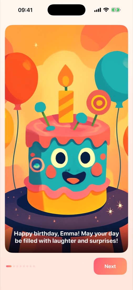 A WishReel story scene: an illustrated birthday cake with the wish “Happy birthday, Emma! May your day be filled with laughter and surprises!”